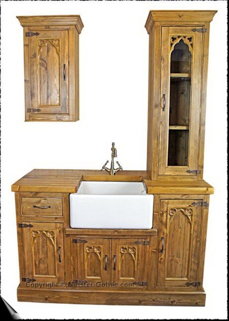 Minster Gothic Rustic Kitchen Ensemble with tall glazed cupboard, small wall cupboard and Belfast Sink.   Click on the photo for a larger image.